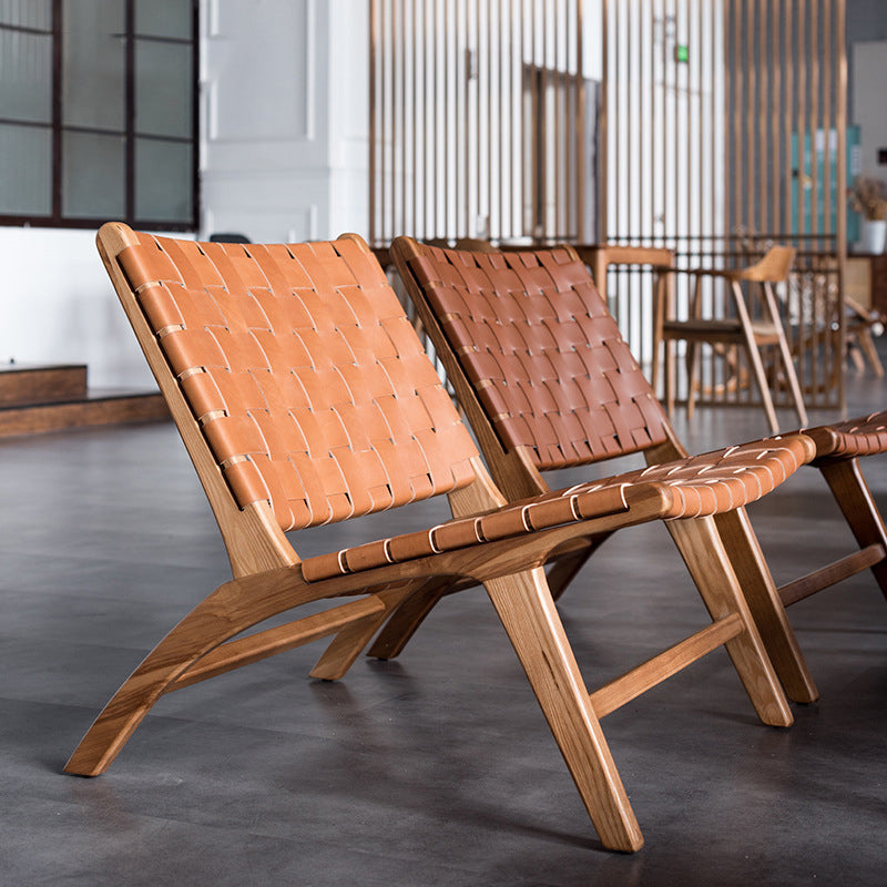 Woven Back Lounge Chair Basic Four Leg Solid Wood Chair for Living Room