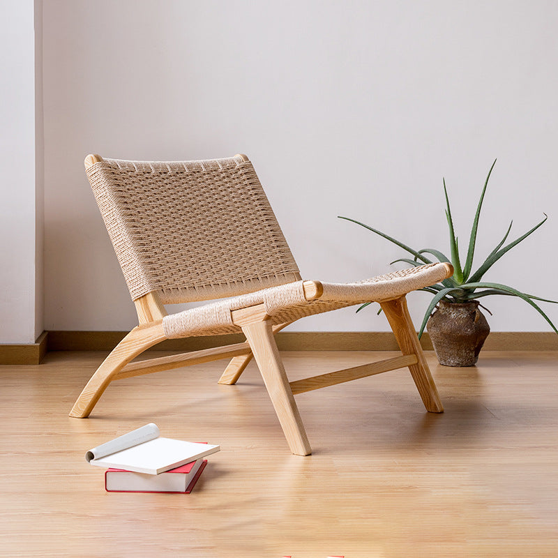 Woven Back Lounge Chair Basic Four Leg Solid Wood Chair for Living Room