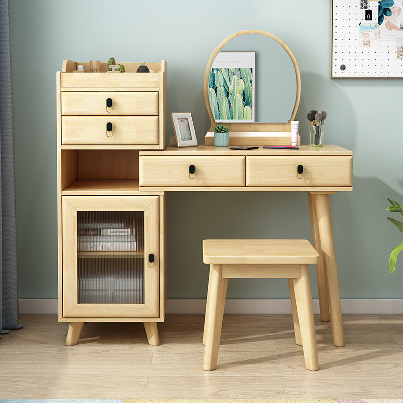 Rubberwood Vanity Set with Stool and Mirror Scandinavian 4 Drawers Dresser