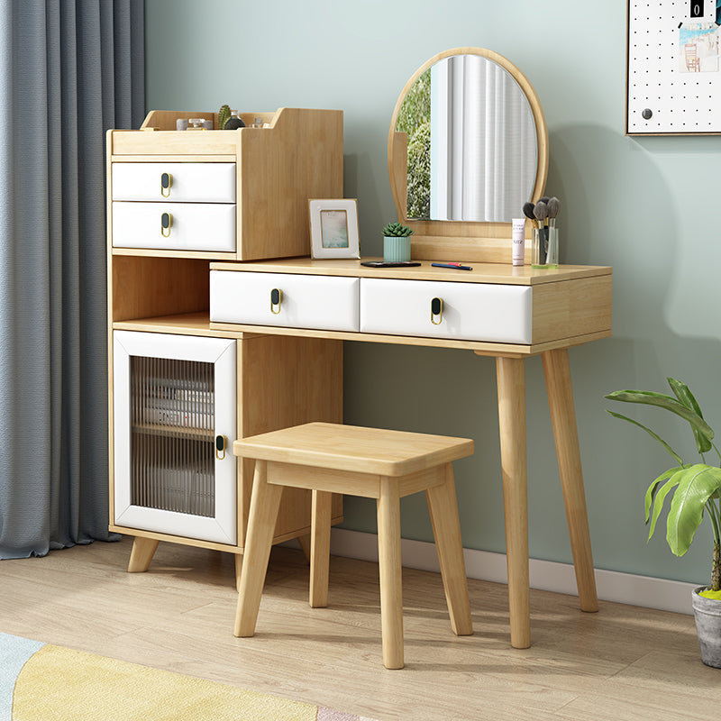 Rubberwood Vanity Set with Stool and Mirror Scandinavian 4 Drawers Dresser