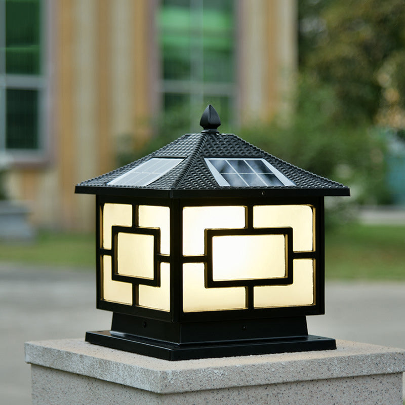 Rectangle Shape Metal Pillar Lamp Modern Style 1 Light Solar Outdoor Light