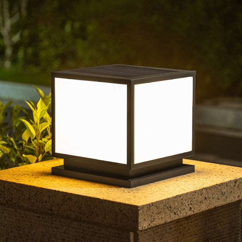 Square Shape Metal Pillar Lamp Modern Style 1 Light Solar Outdoor Light in Black