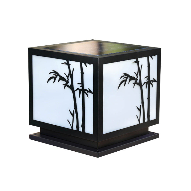 Square Shape Metal Pillar Lamp Modern Style 1 Light Solar Outdoor Light in Black