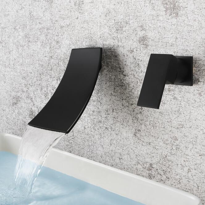 Glam Wall Mounted Bathroom Faucet Lever Handles Low Arc Solid Brass Faucet