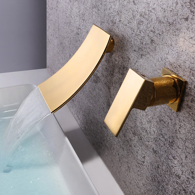 Glam Wall Mounted Bathroom Faucet Lever Handles Low Arc Solid Brass Faucet