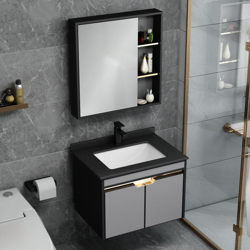 2 Doors Vanity Set Mirror Grey Wall Mount Rectangle Metal Bath Vanity with Single Sink