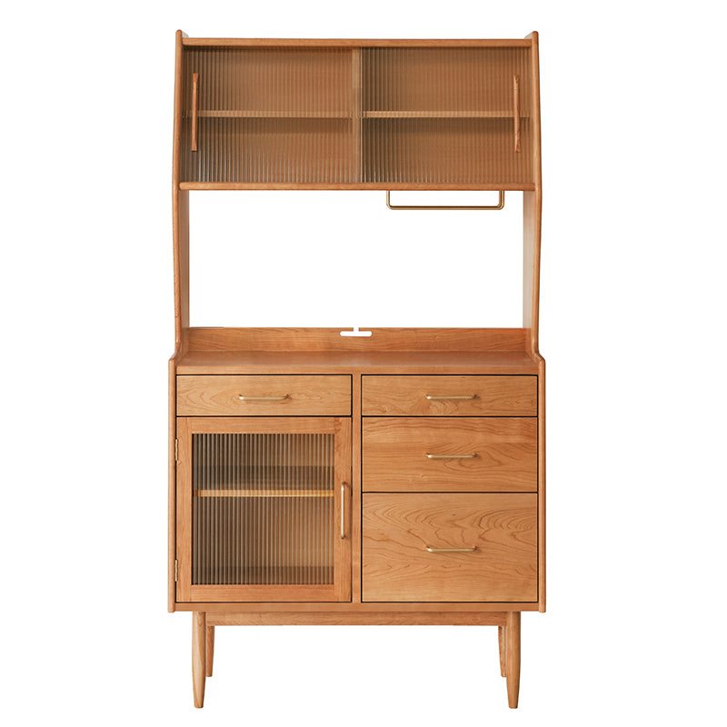Contemporary Pine Dining Hutch Glass Doors Buffet Cabinet with Doors