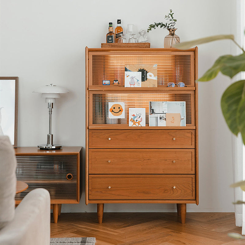 Contemporary Cabinet Solid Wood 3 - Drawer With Doors Glass Paned Accent Cabinet