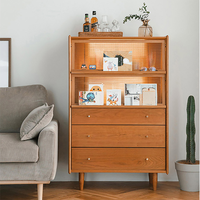 Contemporary Cabinet Solid Wood 3 - Drawer With Doors Glass Paned Accent Cabinet