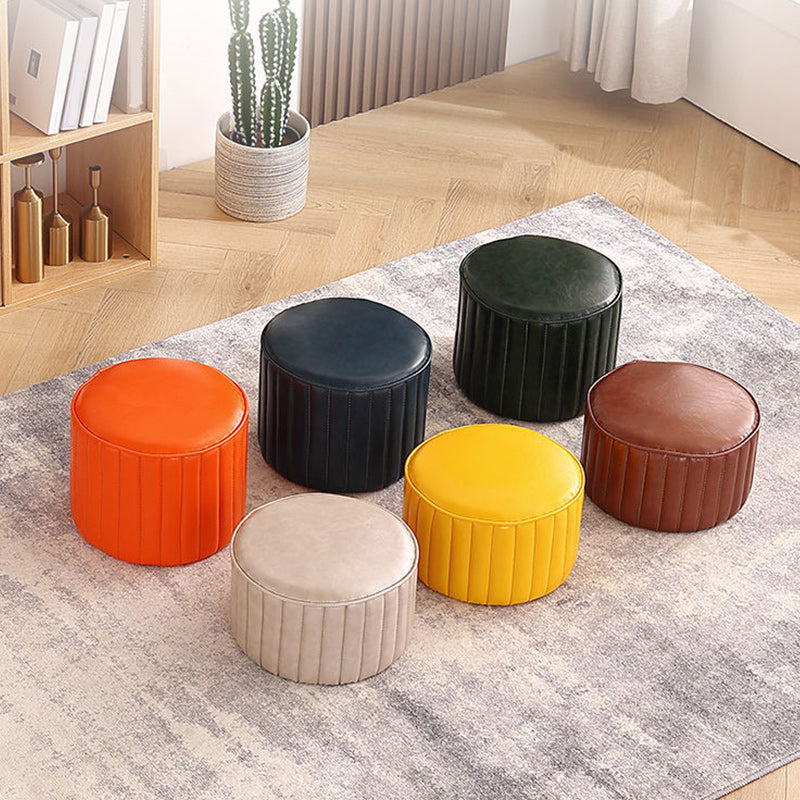 Modern Pouf Ottoman Faux Leather Upholstered Solid Color Cylinder Shape Ottoman