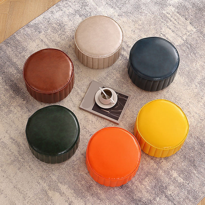 Modern Pouf Ottoman Faux Leather Upholstered Solid Color Cylinder Shape Ottoman