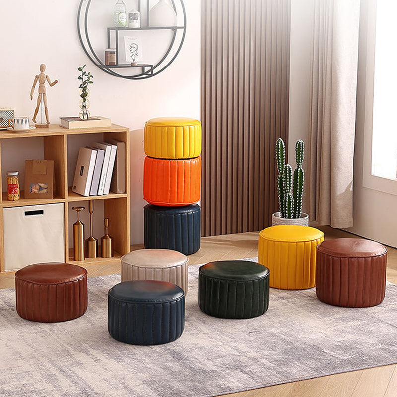 Modern Pouf Ottoman Faux Leather Upholstered Solid Color Cylinder Shape Ottoman