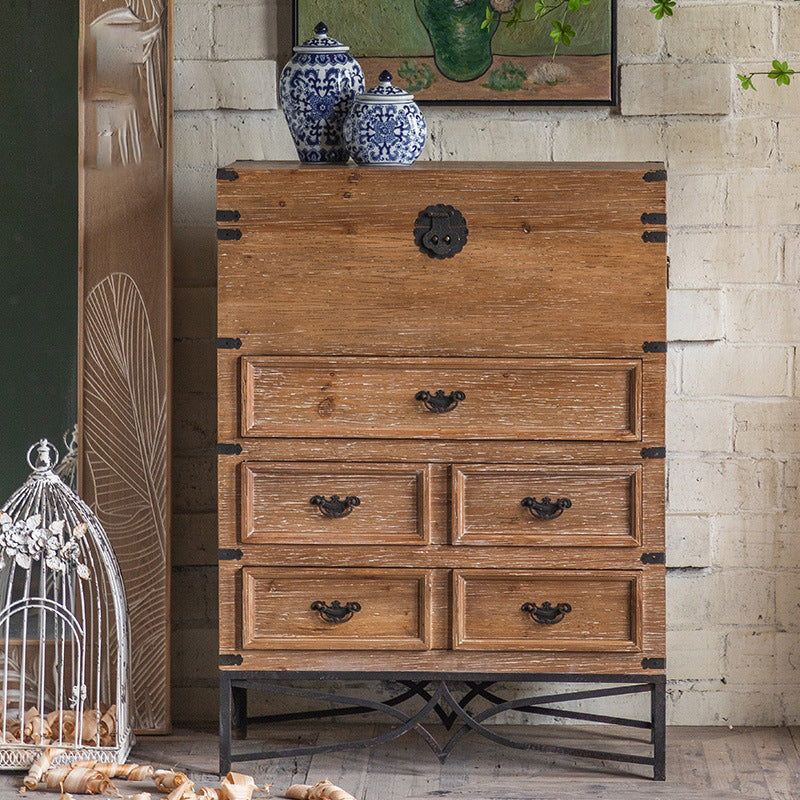 Brown Accent Cabinet Wood and Metal Chest with Storage Drawers