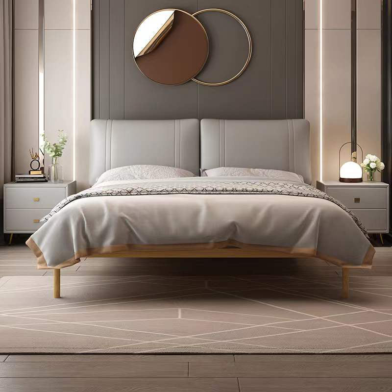 Genuine Leather Upholstered Panel Bed Natural 39.3" High Bed Frame