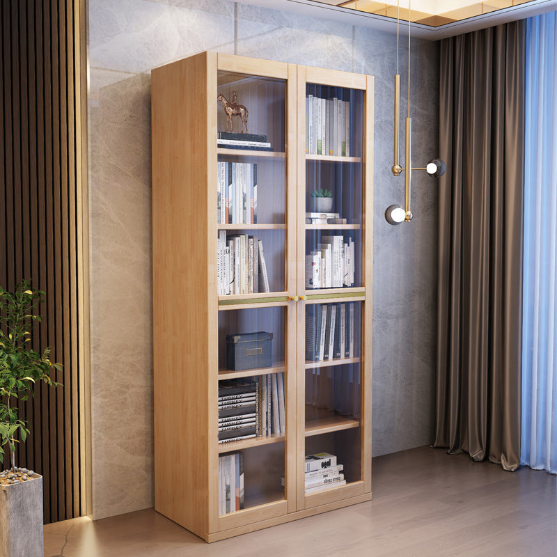 Glass Door Accent Cabinet Rubberwood Cabinet with 2 Doors and 5 Shelves