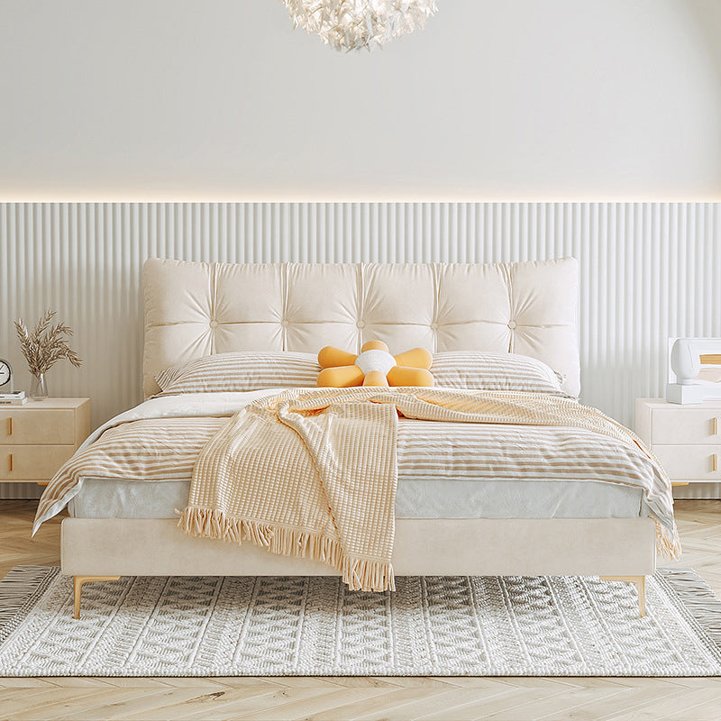 Upholstered Tuft Queen/King Bed in Cream Faux Leather Bed Frame with Mattress