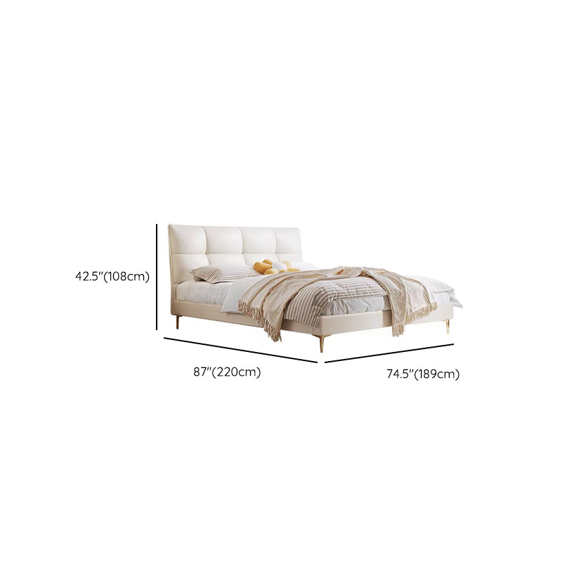 Glam White Upholstered Tufted Bed Frame Genuine Leather Panel Bed