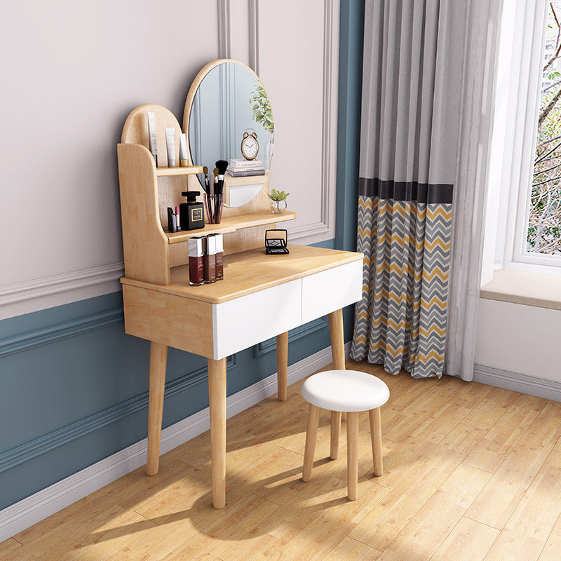 Solid Wood Dresser Scandinavian Vanity Set with Stool and 2 Drawers