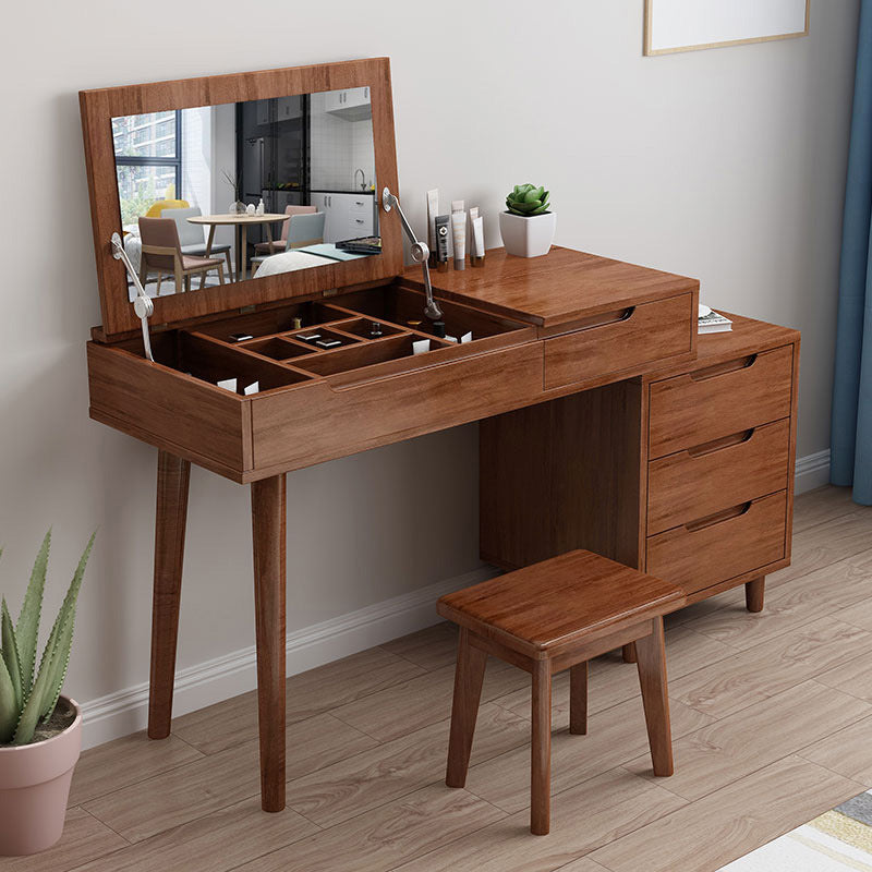 Scandinavian Wood Vanity Set Flip-Top Makeup Dressing Table with 4 Drawers