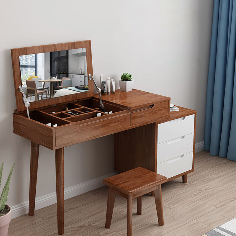 Scandinavian Wood Vanity Set Flip-Top Makeup Dressing Table with 4 Drawers