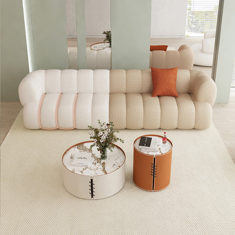 Sewn Pillow Back Standard Sofa Tuxedo Arm Seating in White and Khaki