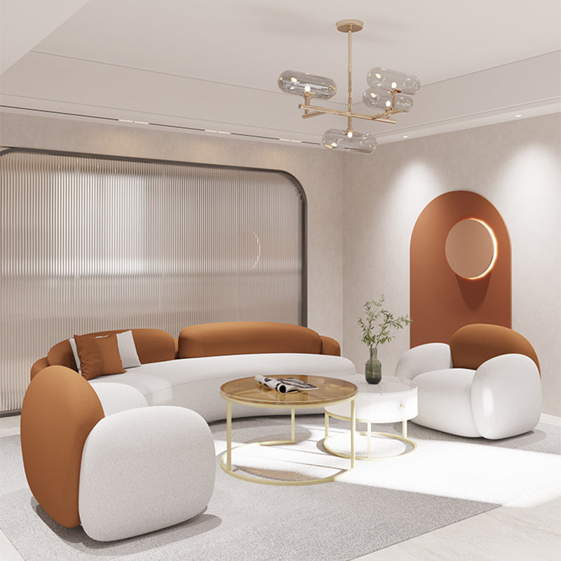 Curved Cushions Sofa Contemporary Faux Leather Seating in White and Orange
