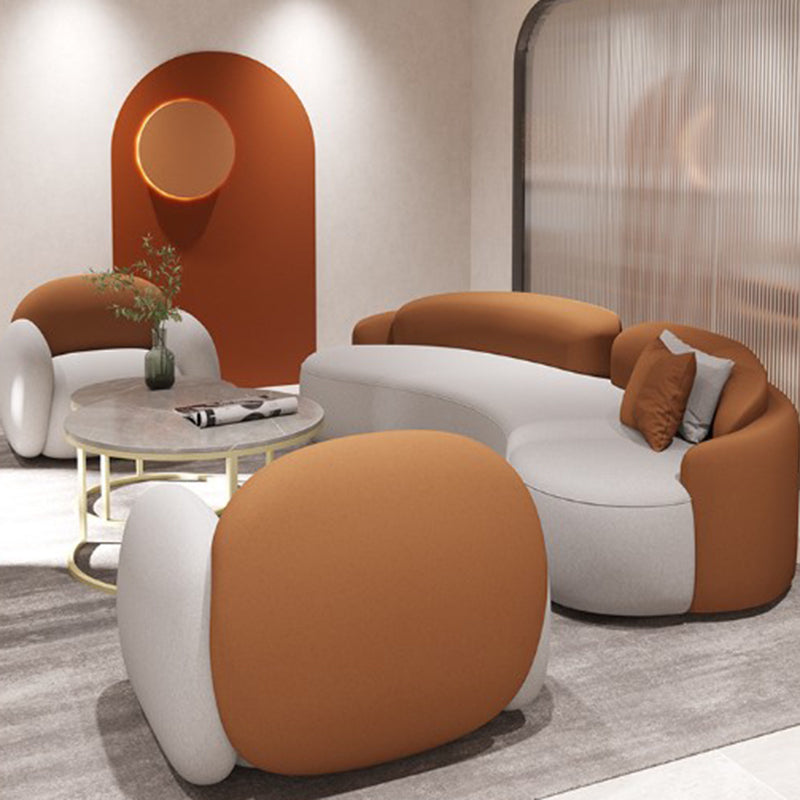 Curved Cushions Sofa Contemporary Faux Leather Seating in White and Orange
