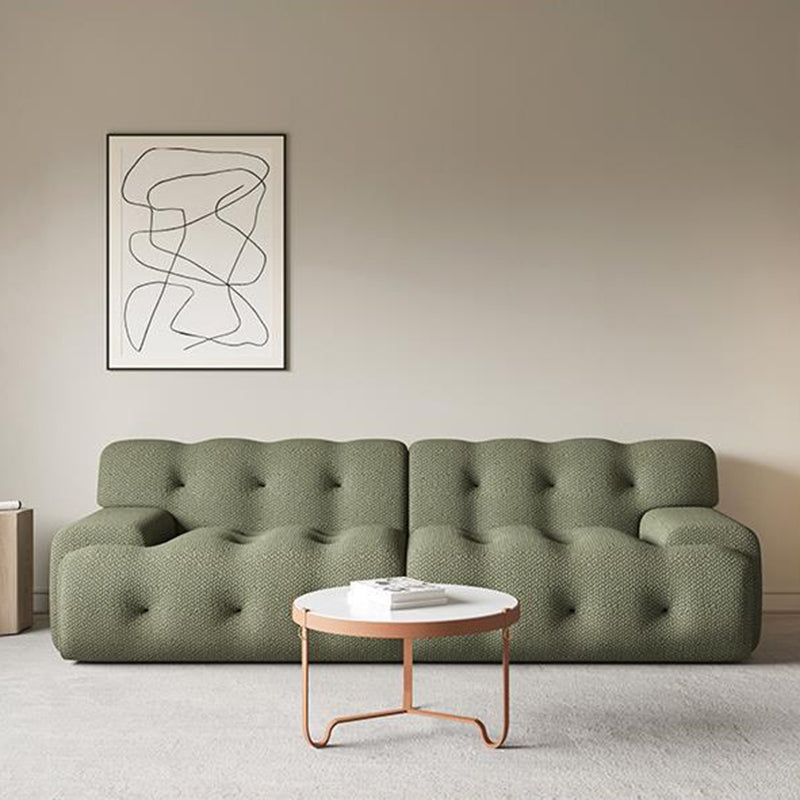 Recessed Arm Sofa Sewn Pillow Back Stationary Green Sofa for Bonus Room