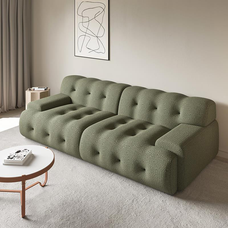 Recessed Arm Sofa Sewn Pillow Back Stationary Green Sofa for Bonus Room