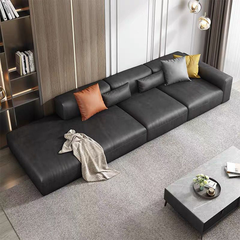Contemporary Black Leather Sofa Tight Back Settee for Bonus Room