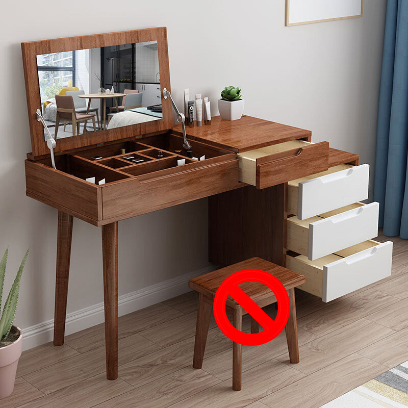Bedroom Dressing Table Rubberwood Flip-Top Make-up Vanity with 4 Storage Drawers