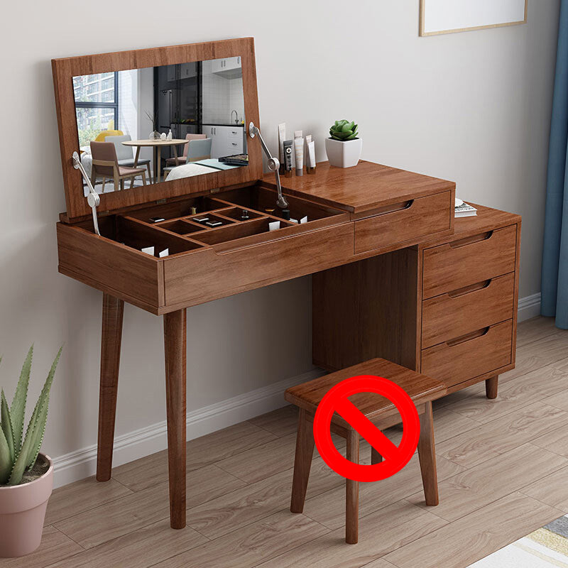 Bedroom Dressing Table Rubberwood Flip-Top Make-up Vanity with 4 Storage Drawers