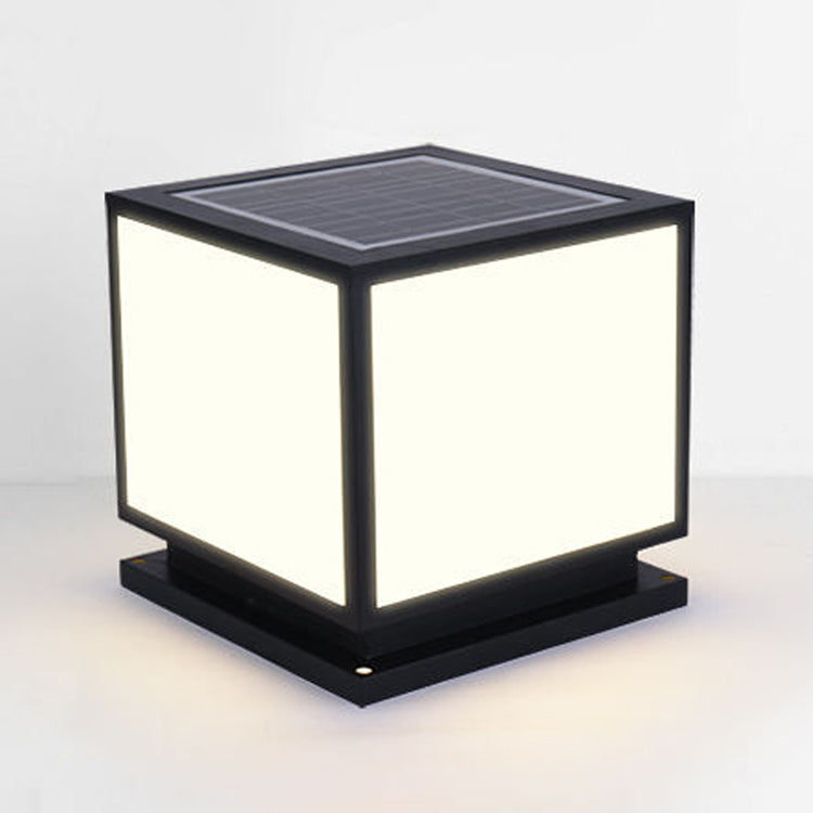 Metal Square Shape Pillar Lamp Modern Style 1 Light Solar Outdoor Light in Black