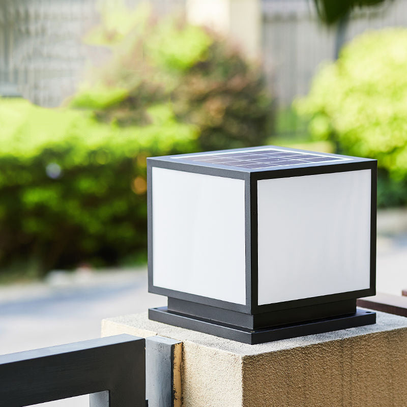 Metal Square Shape Pillar Lamp Modern Style 1 Light Solar Outdoor Light in Black