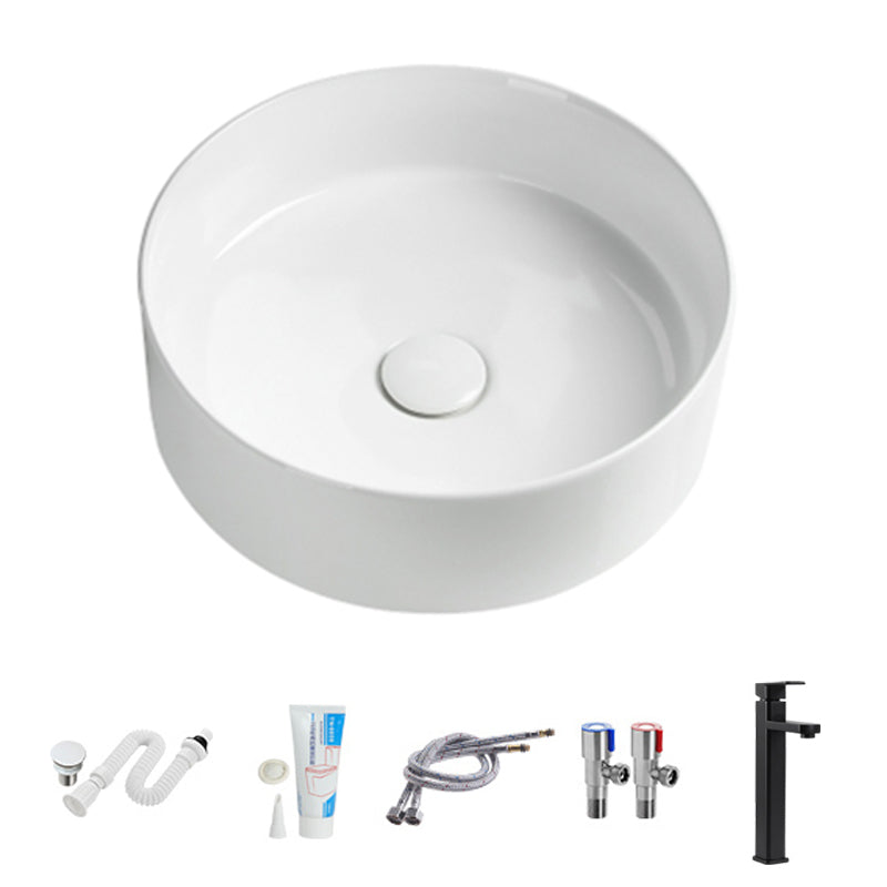 Modern Vessel Sink Round Porcelain Drain Assembly and Faucet Vessel Lavatory Sink