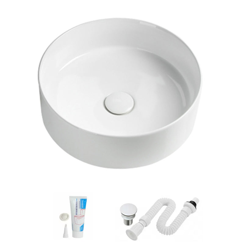Modern Vessel Sink Round Porcelain Drain Assembly and Faucet Vessel Lavatory Sink