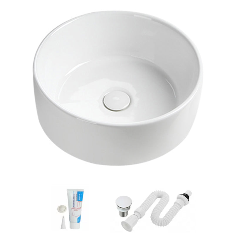 Modern Vessel Sink Round Porcelain Drain Assembly and Faucet Vessel Lavatory Sink