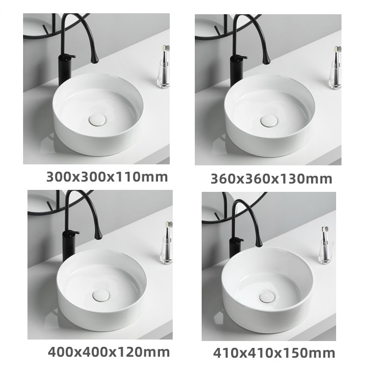 Modern Vessel Sink Round Porcelain Drain Assembly and Faucet Vessel Lavatory Sink