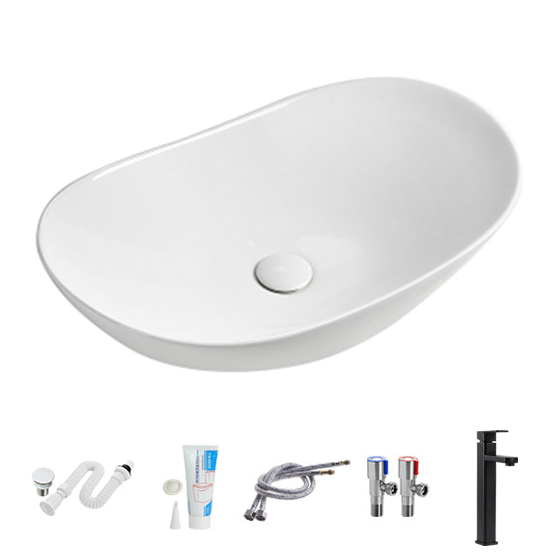 Modern Vessel Lavatory Sink Porcelain Oval with Faucet and Drain Assembly Vessel Sink