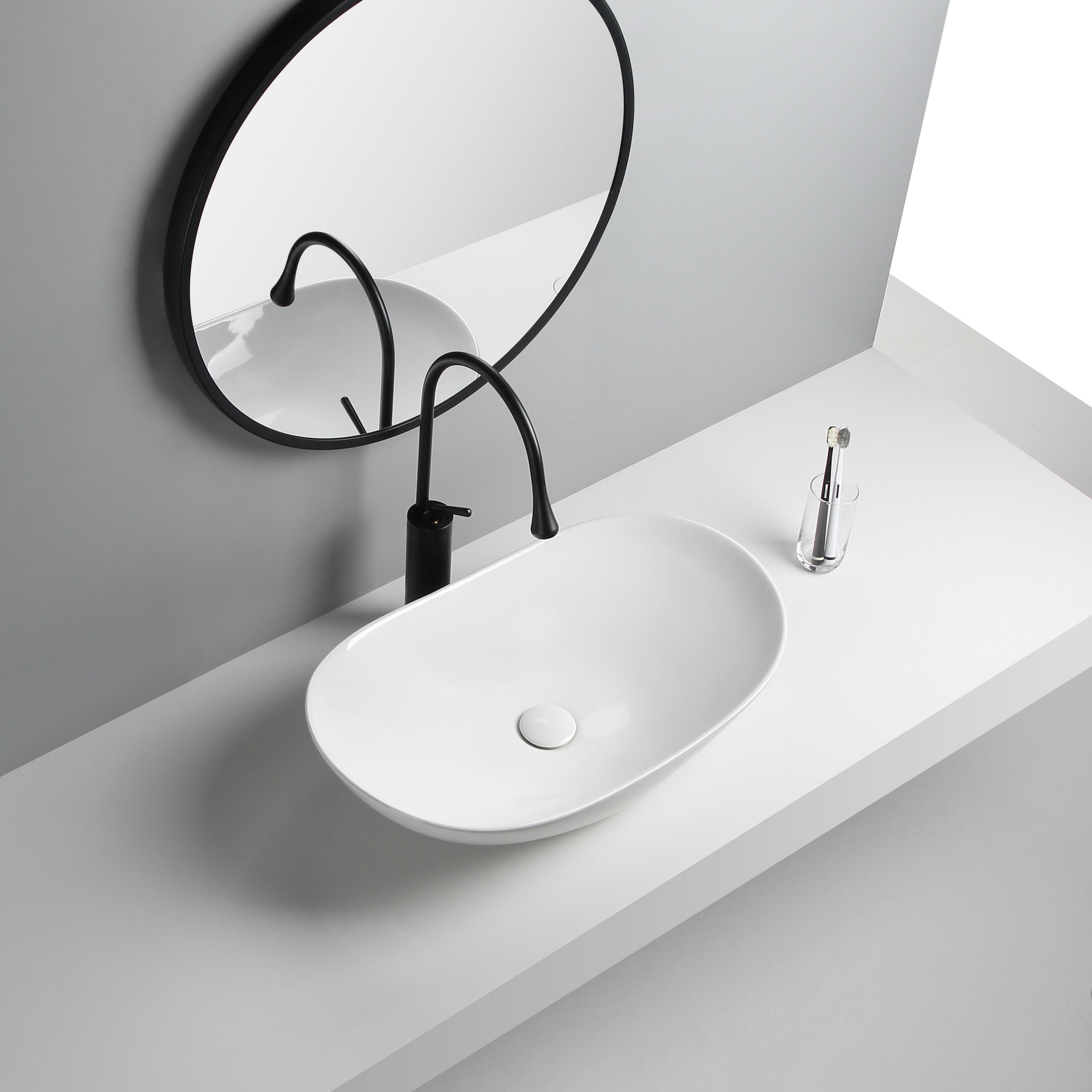 Modern Vessel Lavatory Sink Porcelain Oval with Faucet and Drain Assembly Vessel Sink