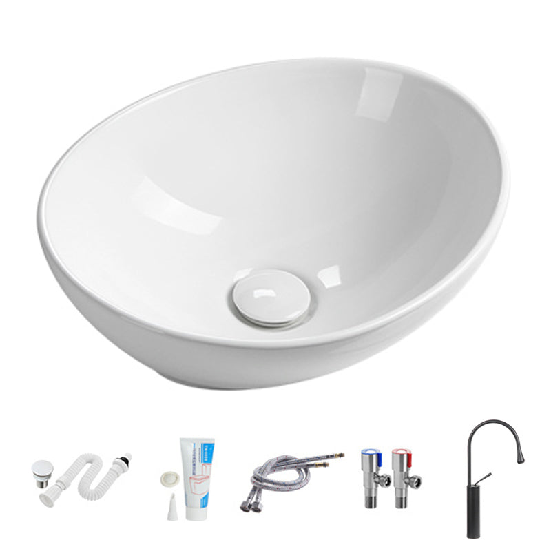 Modern Vessel Lavatory Sink Porcelain Oval with Faucet and Drain Assembly Vessel Sink