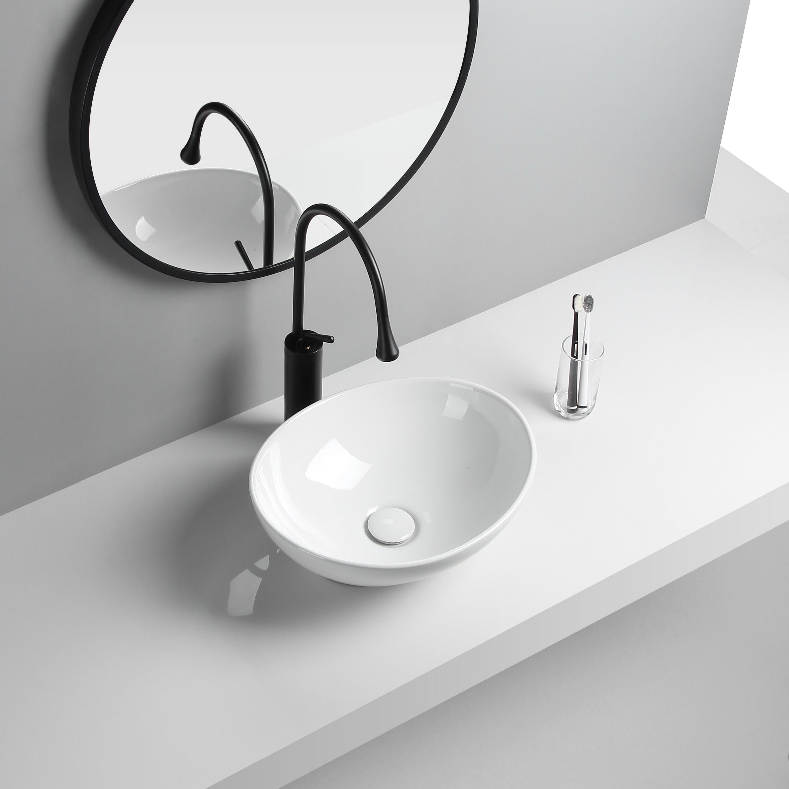 Modern Vessel Lavatory Sink Porcelain Oval with Faucet and Drain Assembly Vessel Sink