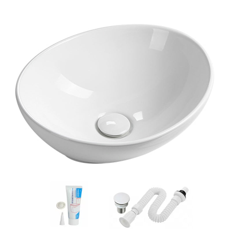 Modern Vessel Lavatory Sink Porcelain Oval with Faucet and Drain Assembly Vessel Sink