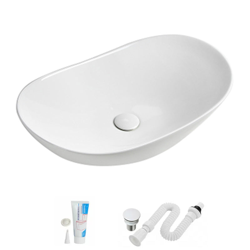 Modern Vessel Lavatory Sink Porcelain Oval with Faucet and Drain Assembly Vessel Sink