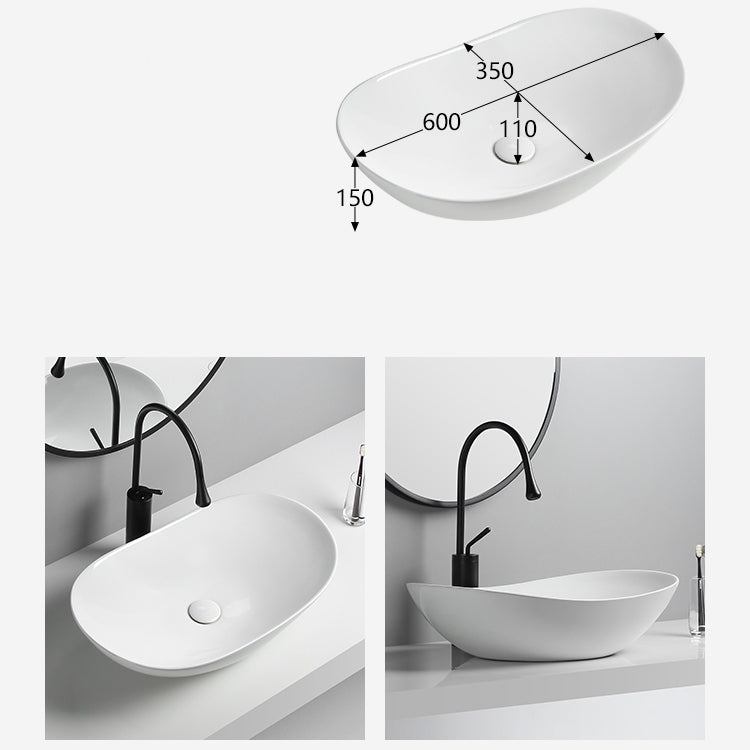 Modern Vessel Lavatory Sink Porcelain Oval with Faucet and Drain Assembly Vessel Sink