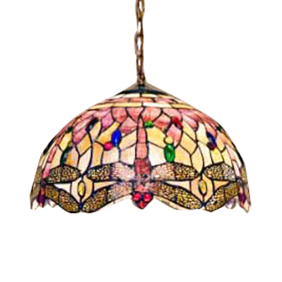 Lámpara de techo de cúpula Tiffany Shell 3 Bulbos Rosa colgante colgante con patrón de libélula, 12 "/16" de ancho
