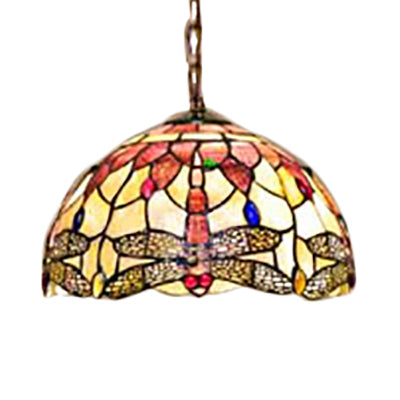 Lámpara de techo de cúpula Tiffany Shell 3 Bulbos Rosa colgante colgante con patrón de libélula, 12 "/16" de ancho