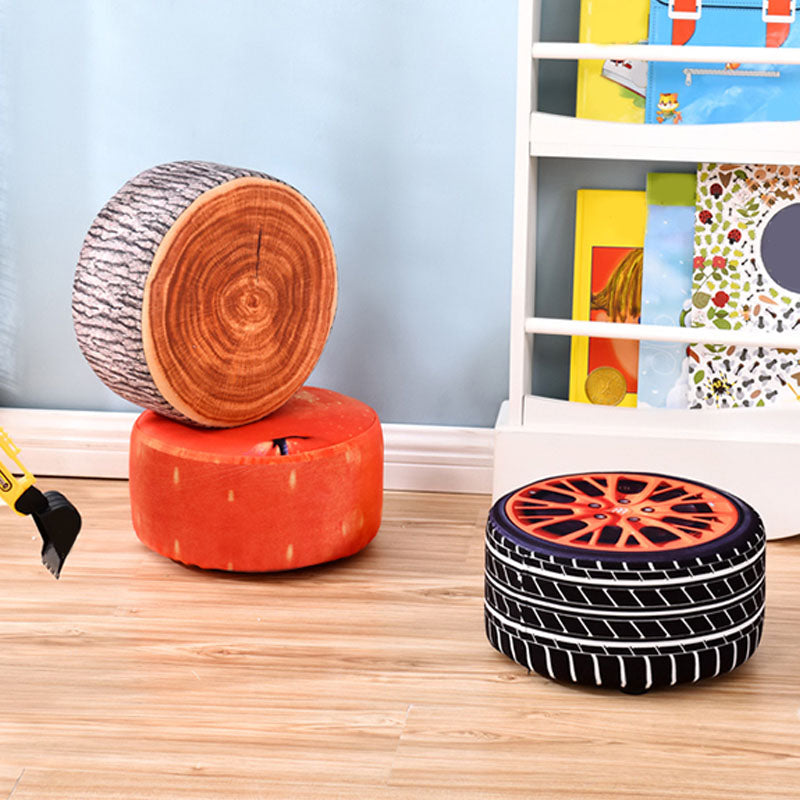 Round Pouf Upholstered Scratch Resistant Contemporary Fruit Printed Fabric Footstool