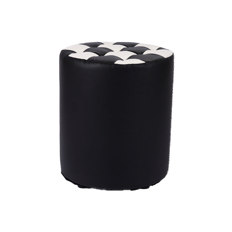 Contemporary Pouf Ottoman Faux Leather Tufted Square Pattern Cylinder Shape Ottoman