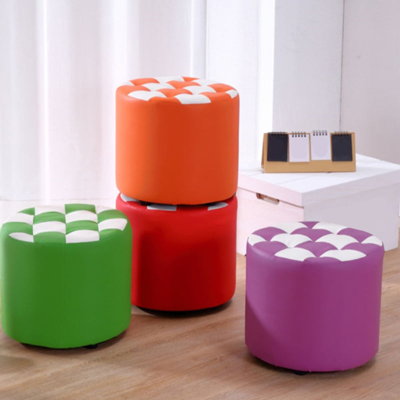 Contemporary Pouf Ottoman Faux Leather Tufted Square Pattern Cylinder Shape Ottoman